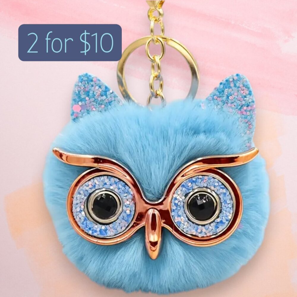 💖 HOST PICK 💖 Powder Blue Pom Puff Bespectacled Owl Bag Charm Key Chain